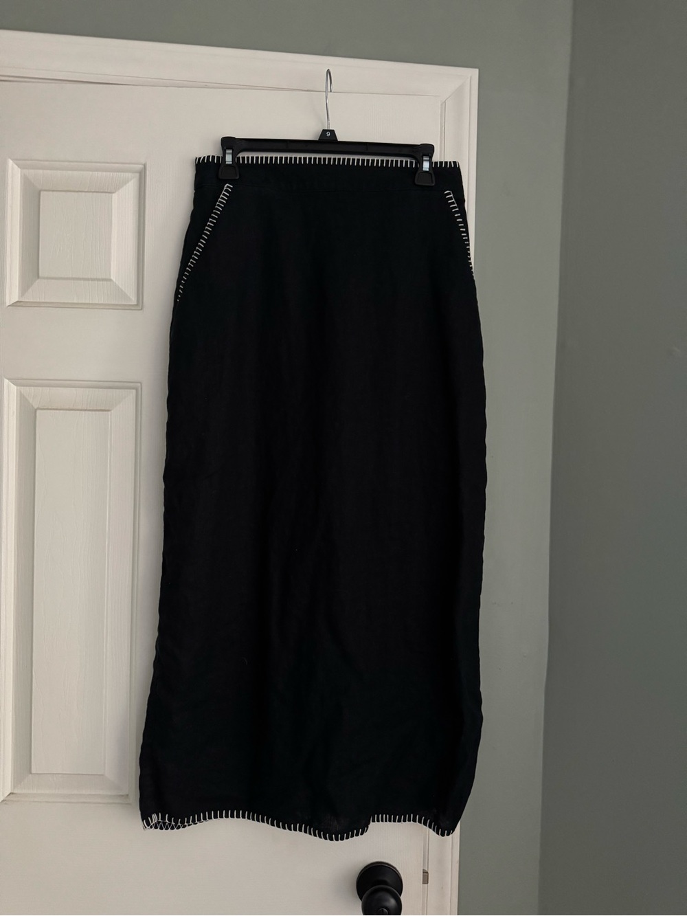 Women’s Black linen Midi Skirt with Contrast Stitching